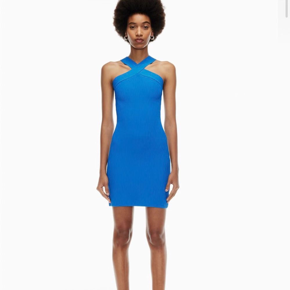 Aritzia Babaton Electric Blue Sculpt Knit Cross-Neck Ribbed Mini Dress